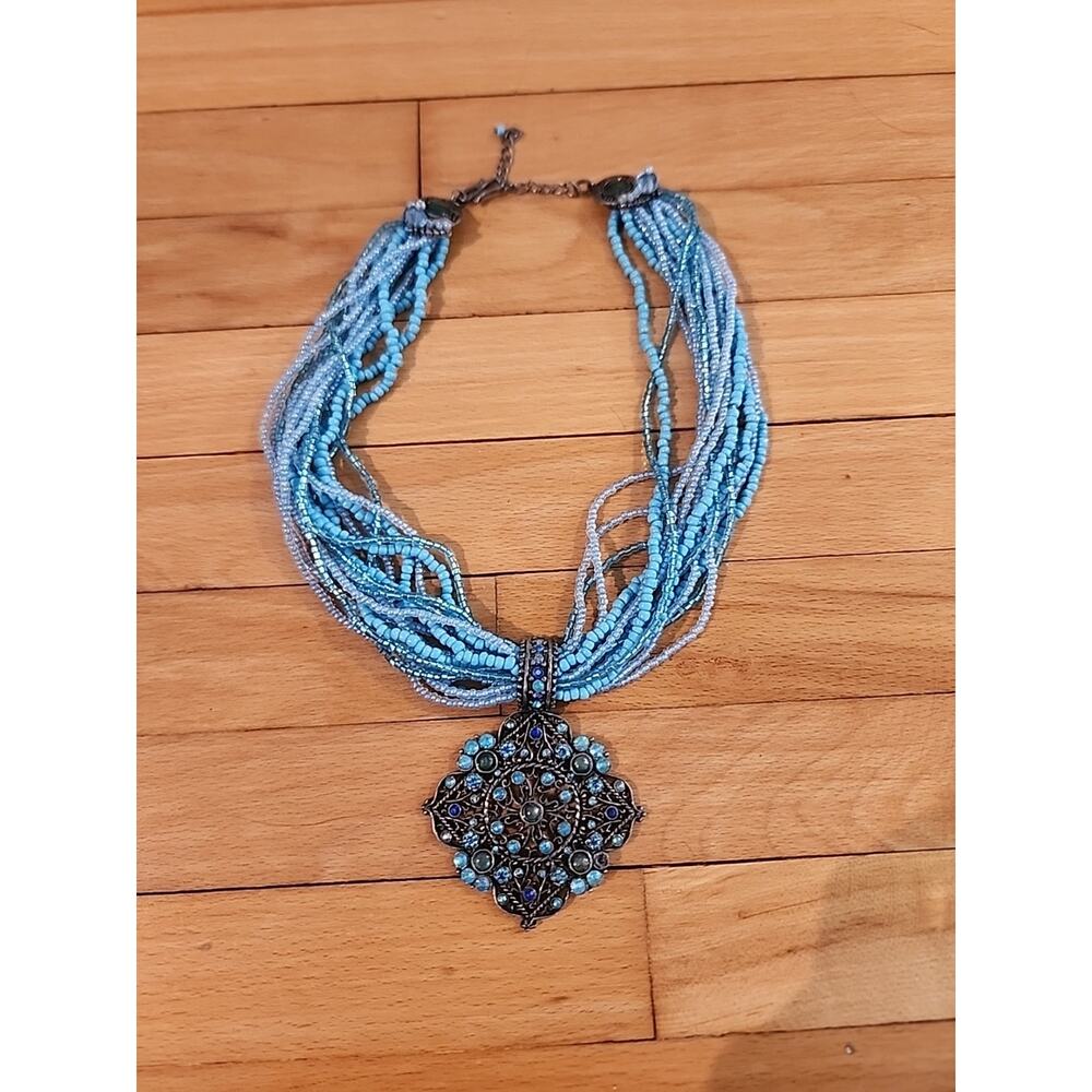 Vintage Collar Necklace Turquoise Bead Choker Y2K Teal Large Rhinestone Pendant - Picture 1 of 5
